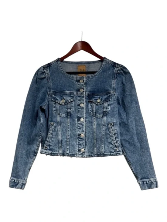 GAP Women’s Collarless Frayed Icon Cropped Denim Jean Jacket Size Medium - Picture 4 of 11